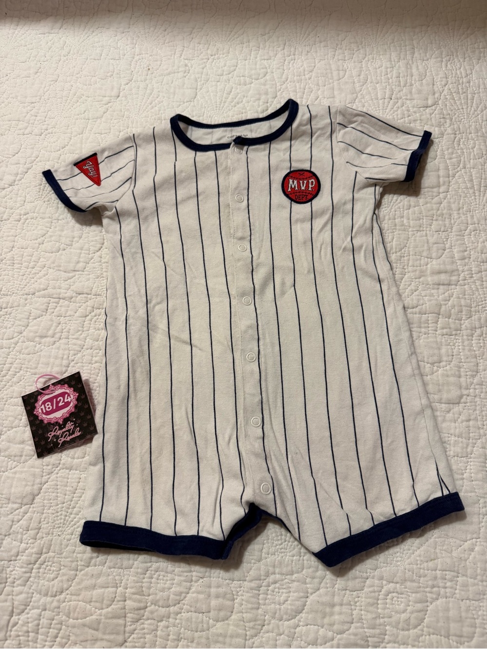 Carter's White Pinstripe Baseball One-Piece with Navy Trim and Red MVP Patch